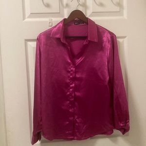 Satin, long sleeve button up shirt. Pink, size small.
